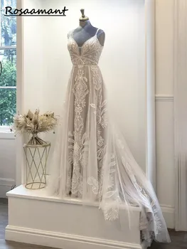Свадебное платье А-силуэта с аппликацией в стиле бохо, без спинки, 2023, Длинные платья невесты на бретельках, платья принцессы длиной до пола, Vestidos