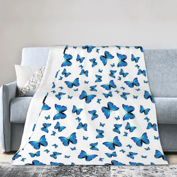 Одеяла с принтом синих бабочек, Мягкое теплое фланелевое покрывало для кровати, гостиной, домашнего дивана для пикника, путешествий
