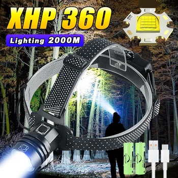 Новый мощный светодиодный налобный фонарь XHP360 Перезаряжаемые USB-фары 18650 высокой мощности Головной фонарь Открытый Водонепроницаемый налобный фонарь для рыбалки