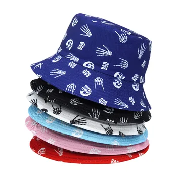 Хлопковая панама с забавным принтом Черепа, Мужская Женская мода, Хип-хоп Панама, Унисекс, для путешествий на открытом воздухе, Пляжные Рыбацкие кепки, Обратимая шляпа