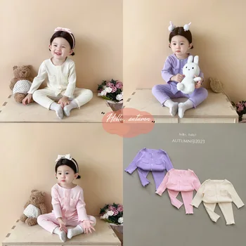 2023 Осенний Корейский пижамный комплект для маленьких девочек, хлопковый кардиган в рубчик с длинным рукавом, узкие брюки, пижамный костюм для маленьких девочек, Пижамная одежда для сна