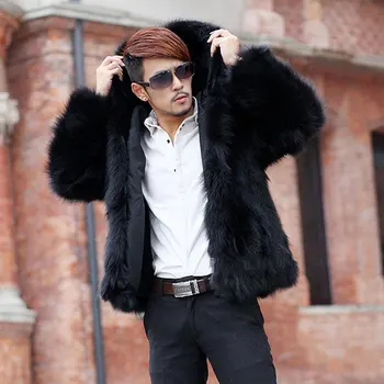 1 Зимне-осенняя мужская шуба с капюшоном из искусственного лисьего меха, мужские меховые куртки, утепленная теплая зимняя верхняя одежда casaco, мужские пальто для отдыха