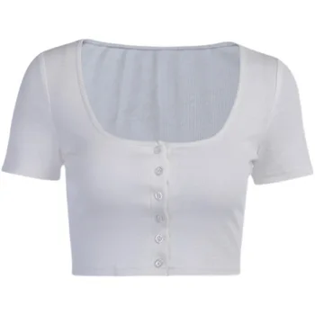 Простая французская футболка с квадратным воротником и коротким рукавом, женские летние топы на пуговицах для похудения.
