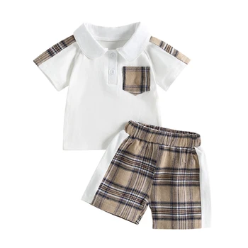 Pudcoco/ шорты для новорожденных мальчиков, комплект из 2 предметов, рубашка с коротким рукавом и отложным воротником, шорты в клетку с эластичной резинкой на талии, 9 М-4 Т