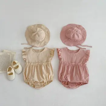 Летняя Цельная одежда для маленьких девочек, однотонный комбинезон с развевающимися рукавами для младенцев + наряды в виде шляпы от солнца