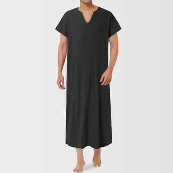 Однотонные мужские мусульманские халаты-кафтаны с коротким рукавом и V-образным вырезом, Джубба Тобе, Повседневная Мужская одежда Дубай, Саудовская Аравия, Абая