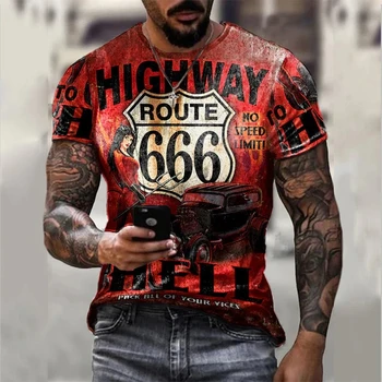Летняя мужская повседневная футболка с круглым вырезом и коротким рукавом 2023 года, футболка с 3D-принтом Route 66