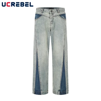 Мужские джинсы с контрастными вставками в стиле хай-стрит, выстиранные в стиле ретро, потертые широкие брюки с прямыми штанинами, мужские брюки с прямыми штанинами