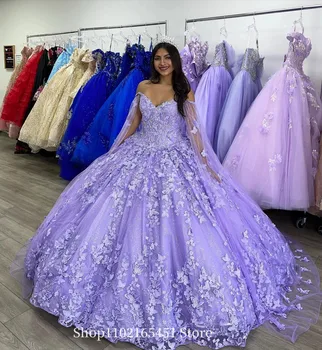 Пышные платья с бабочками Сиренево-лавандовое платье Sweet 16 с кружевной аппликацией в виде накидки Для Мексиканской девушки На День рождения, выпускные платья 2023 года