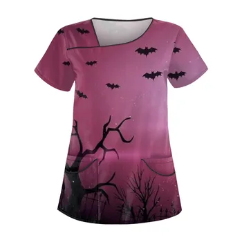 Женская футболка на Хэллоуин, фестиваль, приталенная скамейка летучей мыши, круглый вырез с карманом, комплект повседневного костюма, женская простая футболка Vestidos