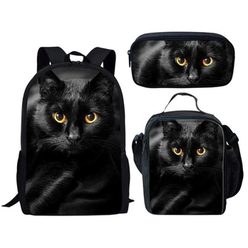 Забавный Черный кот, 3 шт./компл., рюкзак с животным принтом, школьные сумки, Студенческая сумка для книг, сумка для ланча, пенал для подростков, Детский Ежедневный рюкзак