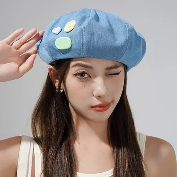 Корейская версия милых джинсовых беретов для женщин, летняя универсальная шляпка для маленьких художников, Популярный креативный берет ручной работы Ins