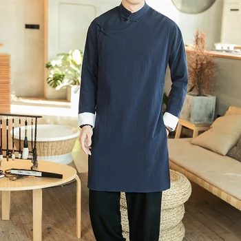 Уличная одежда, тонкое пальто Тан, мужская льняная куртка в китайском стиле 2023, Черное длинное пальто, мужской Длинный халат, ветрозащитная одежда