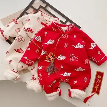 Детская Китайская Традиционная Одежда Плюс Бархатная Плотная Теплая Зимняя Верхняя Одежда Для Младенцев Унисекс, Комбинезон Для Новорожденных Мальчиков И Девочек На Новый Год