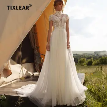 TIXLEAR Элегантное свадебное платье с высоким воротом из кружевного тюля в стиле Бохо 2023, Винтажное свадебное платье трапециевидной формы с рукавами-колпачками, сшитое на заказ Robe De Marie