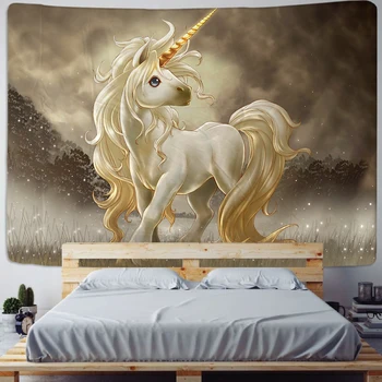 Фантазийный красочный гобелен в виде лошади, Золотой единорог на стене, богемный современный психоделический фон в стиле хиппи, тканевый пляжный коврик для йоги