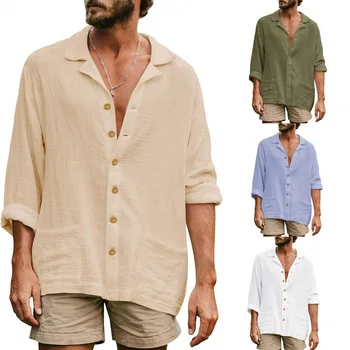 Весна Осень 2023 Мужские Рубашки Свободные Большого Размера Для Отдыха С Отворотом, Топы С Длинным Рукавом, Однотонная Удобная Мужская Рубашка