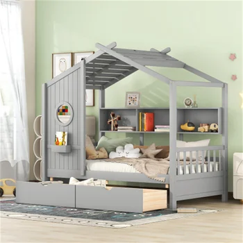 Деревянный домик-кровать с 2 выдвижными ящиками, детская кровать с полкой для хранения, серый, легко монтируется, прочный Для мебели для спальни.