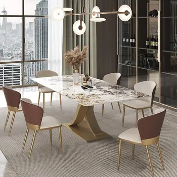 Итальянский светлый Роскошный обеденный стол из яркого сланца Современный минималистичный Креативный дизайнерский прямоугольный стол из мраморного камня