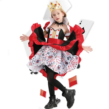 Детский костюм королевы покера для девочек, карнавальная вечеринка на Хэллоуин, Алиса в Стране Чудес, платье с принтом королевы покера в виде персикового сердечка