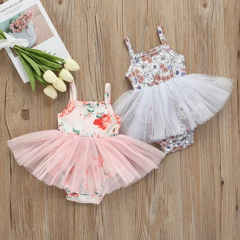 Летний комбинезон для девочки без рукавов с милым цветочным принтом и квадратным воротником для верхней одежды