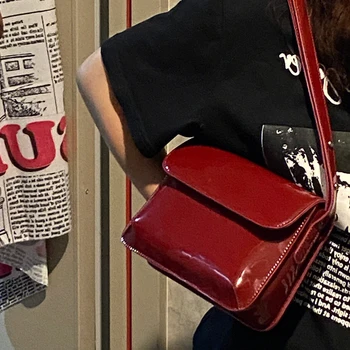 Женская сумка через плечо из лакированной кожи в стиле ретро, роскошная сумка через плечо с клапаном, однотонная сумка подмышками, красная сумка через плечо, женская сумка