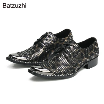 Batzuzhi/ Новинка; Мужская обувь; Черные кожаные модельные туфли с острым металлическим носком; Мужские официальные деловые, вечерние и свадебные туфли на шнуровке