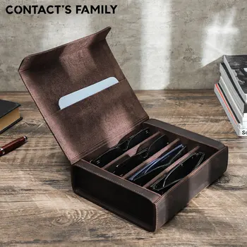 Коробка для хранения солнцезащитных очков CONTACT'S FAMILY из натуральной кожи с 4 слотами, ручная работа, переносной стеклянный футляр для путешествий в стиле ретро с магнитной пряжкой