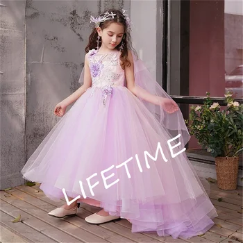 Фиолетовое пышное тюлевое платье без рукавов с аппликацией для девочек-цветочниц, свадебное платье в благородный цветок для празднования первого причастия детей, детское платье для малышей