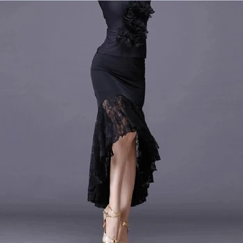 2021 Новые сексуальные юбки для латиноамериканских танцев, женская черная кружевная юбка, нерегулярная юбка в виде рыбьего хвоста, длинное платье для бальных танцев