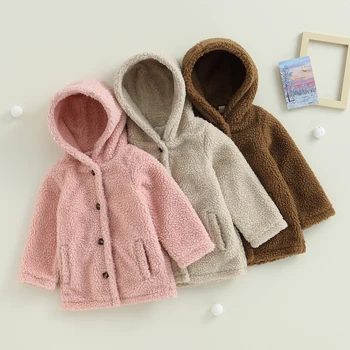 Зимняя куртка для малышей Pudcoco, однотонная теплая толстовка с капюшоном, повседневное плюшевое пальто с карманами для новорожденных девочек и мальчиков, весенняя верхняя одежда от 3 до 7 лет