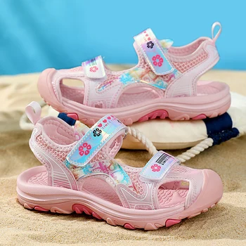 Детская обувь, сандалии для девочек, модные розово-фиолетовые летние детские кроссовки от 6 до 12 лет, спортивные теннисные сандалии с закрытым носком для девочки