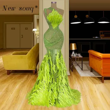 Великолепные неоново-Зеленые перья, длинные вечерние платья 2023 на одно плечо, модные блестящие кристаллы, блестки, вечерние платья для мероприятий