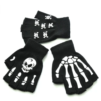 Флуоресцентные перчатки на Хэллоуин, рукавицы с черепом и когтями на половину пальца, зимние Мягкие теплые вязаные перчатки для женщин, мужские Велосипедные рукавицы