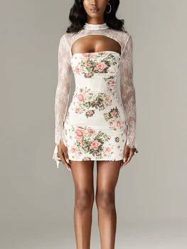 Y2k Кружевное платье с цветочным рисунком Женское Сексуальное топ с длинным рукавом и открытой спиной Из прозрачной сетки Облегающее Мини-платье Уличная одежда
