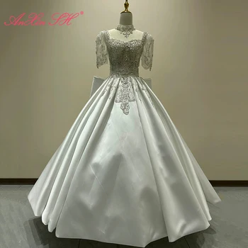 AnXin SH princess белое атласное цветочное кружево винтажное платье с круглым вырезом и коротким рукавом, расшитое бисером, бальное платье невесты с большим бантом, свадебное платье