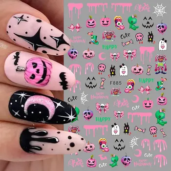 3D милые наклейки для ногтей в виде розовой тыквы на Хэллоуин, слайдер для ногтей с черепом, Призрак, Злой Кровавый Паук, наклейки для ногтей, Маникюр, украшение для ногтей