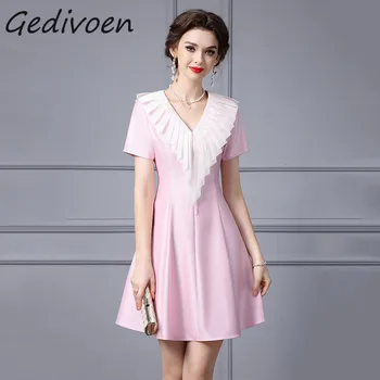 Gedivoen Летнее модное платье для подиума, Элегантное темпераментное платье, женское платье с V-образным вырезом и оборками, с высокой талией, Розовое мини-платье для праздничной вечеринки