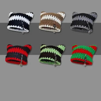 Японская вязаная шапка Y2K Little Devil с кошачьими ушками в полоску, осень-зима, мужской и женский Милый пуловер, теплые шапки-бини с черепом, капот