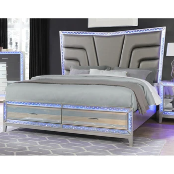 Роскошная двуспальная кровать с изголовьем и выдвижными ящиками, серебро, дерево, каркас кровати, простая сборка