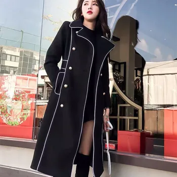 Furong Clothing) Женское пальто-ветровка осенью и зимой 2023 года, новое черное пальто средней длины в британском стиле Хепберн, wai