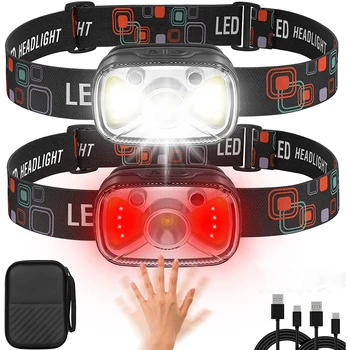 7 режимов Налобный фонарь LED + COB Sensor USB Перезаряжаемый Фонарь для кемпинга, Белый, красный, Освещение на открытом воздухе, Индукционный Фонарик для рыбалки на голове