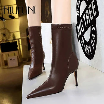 NIUFUNI/ Женские ботинки на высоком каблуке-шпильке из искусственной кожи с острым носком, однотонные зимние короткие ботинки-трубочки без застежки, простые ботильоны
