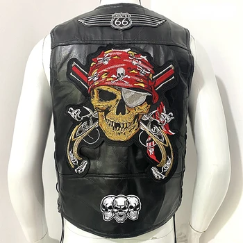 Новый мужской кожаный жилет, мотоциклетная куртка, модная куртка без рукавов с вышивкой в виде черепов, мужские жилеты в стиле уличный байкер-панк.
