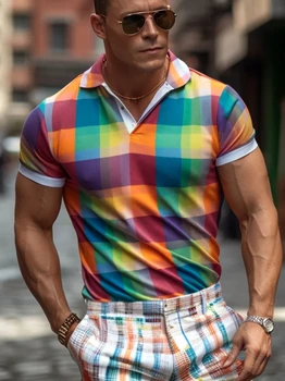 Мужская рубашка поло в радужную клетку с 3D принтом, рубашка поло с повседневным воротником, рубашка поло обычной посадки