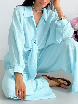 Женский уютный пижамный комплект с рубашкой на пуговицах с длинным рукавом и широкими брюками с эластичной резинкой на талии для осенней пижамы и одежды для отдыха
