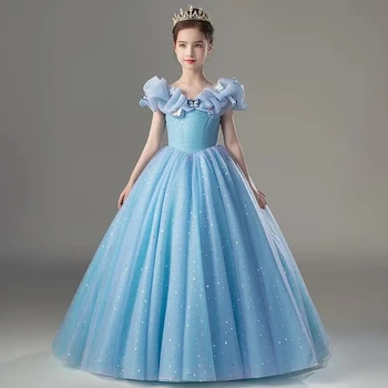Новое детское голубое платье принцессы для девочек, детский день рождения, длинные вечерние платья с блестками, торжественный выпускной, роскошные праздничные платья