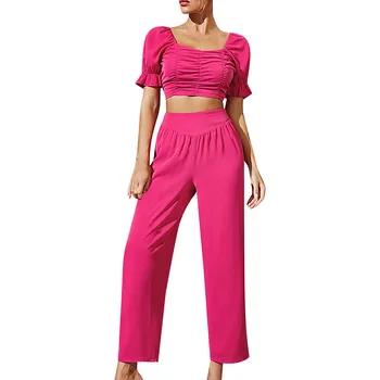 Комплект из двух предметов, женский укороченный топ, брюки с высокой талией, комплект летних брюк 2023, модный элегантный женский комплект с коротким рукавом