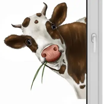 Наклейки с изображением коровы на окне, реалистичные наклейки с принтом выглядывающей коровы, Реалистичная наклейка с изображением забавных милых сельскохозяйственных животных на тему окон