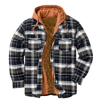 Зимняя мужская клетчатая рубашка Пальто Модное повседневное с длинными рукавами и капюшоном, Утолщенная хлопковая куртка свободного кроя Оверсайз, Теплые топы